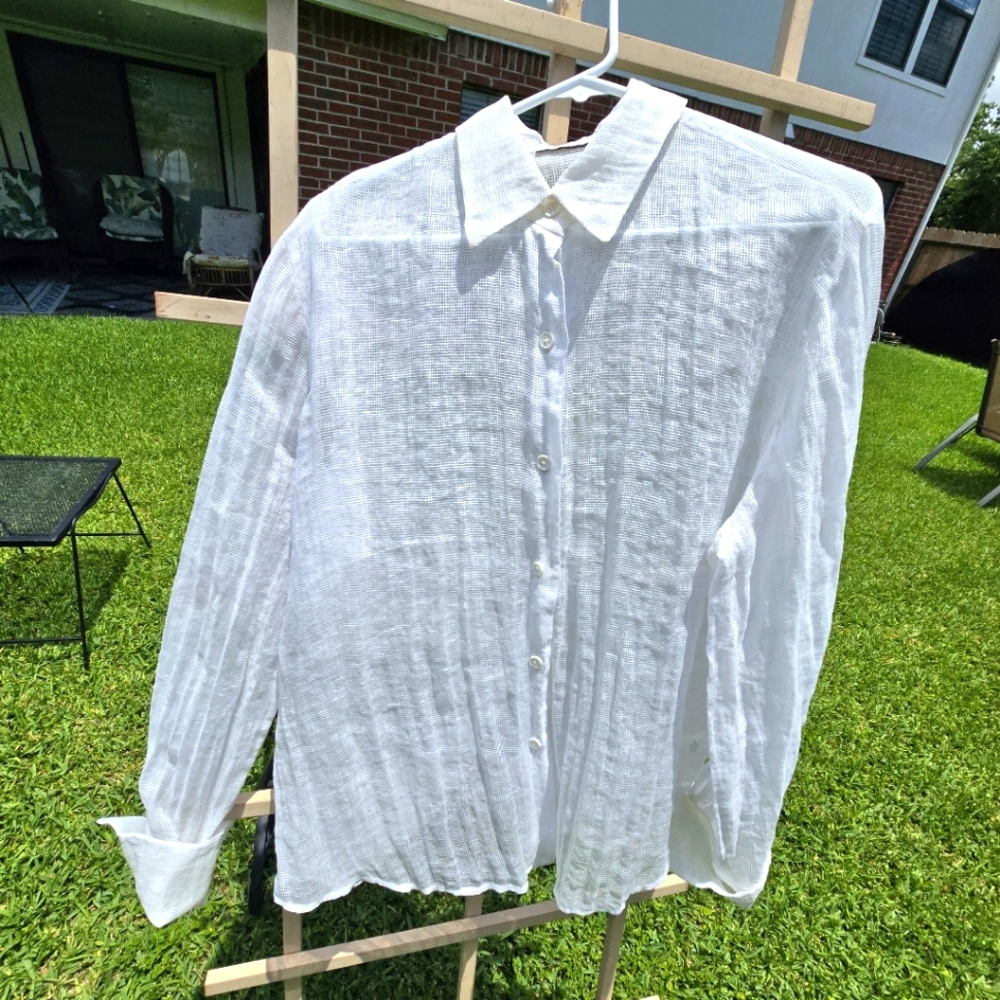 White Sheer Button Down Open Weave Button Sleeve … - image 1